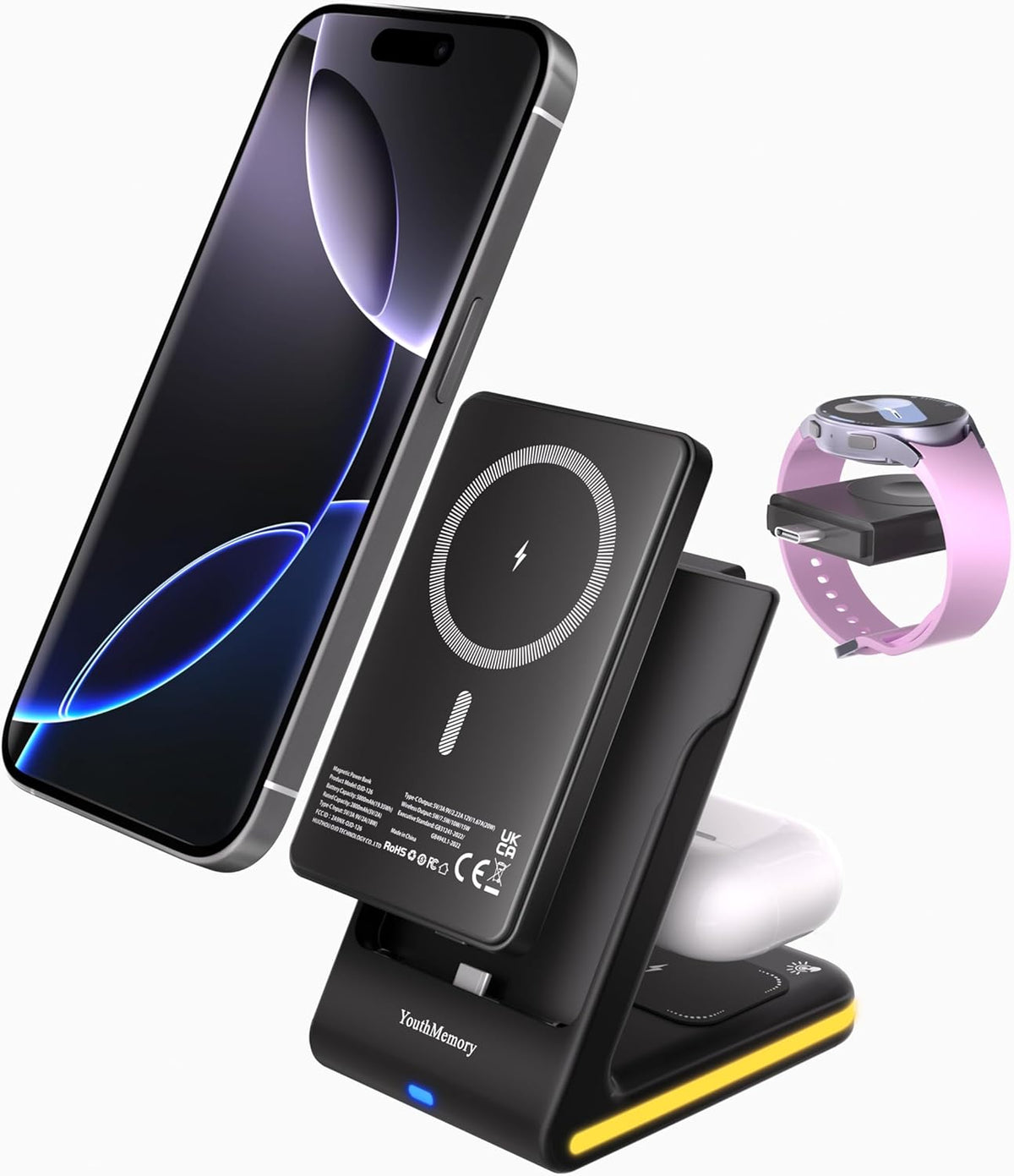Wireless Charger 5 in 1 Magnetic Charging Station Stand with Portable Power Bank for Apple/Samsung Multiple Devices for Apple Watch 10-2,iPhone 16 15-12 Pro Max/Samsung Galaxy S25 Ultra S24-S8
