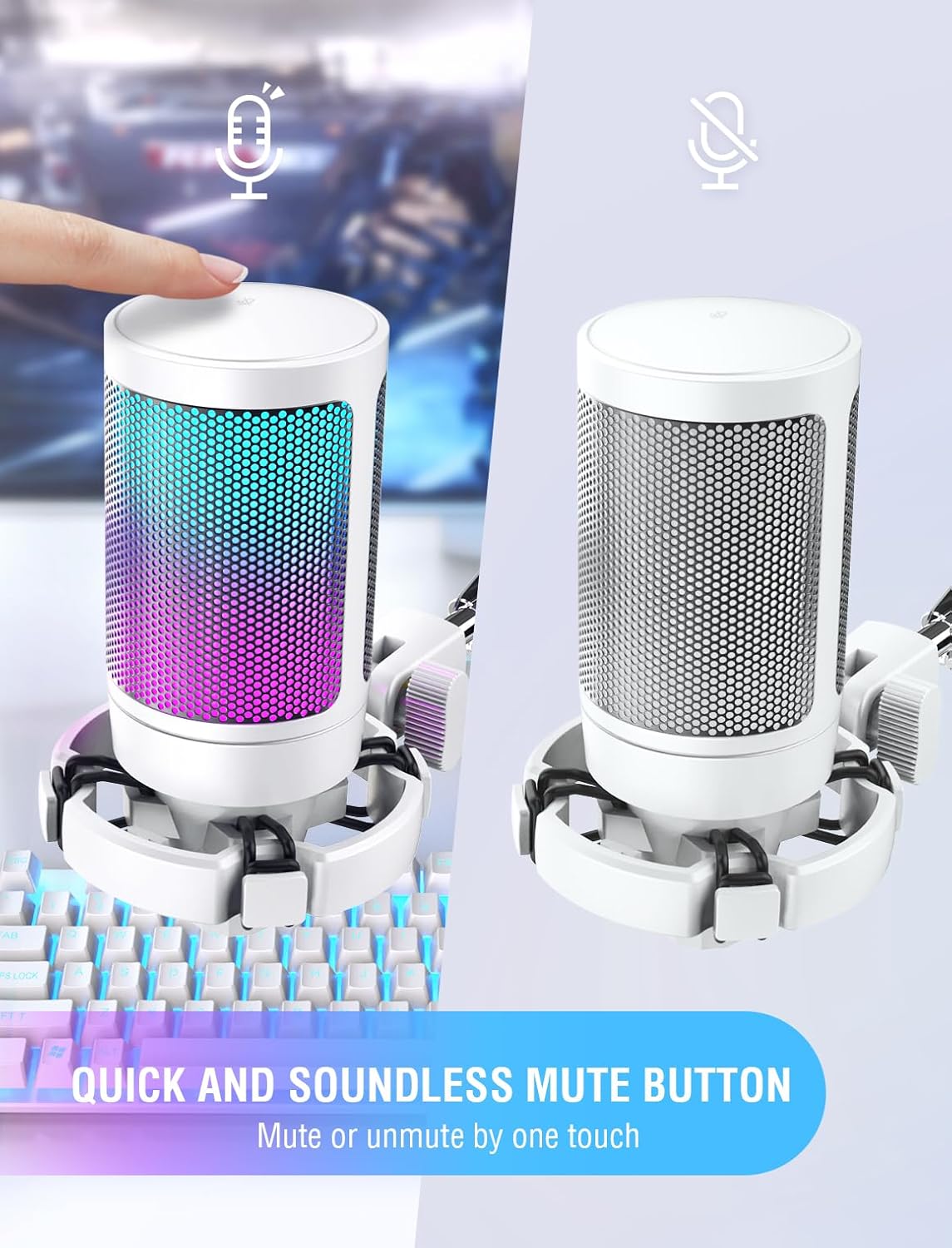 FIFINE AmpliGame USB Microphone, PC Gaming Recording Desktop Laptop Mic, RGB Streaming Podcasting Condenser Mic for Online Game, Vocal, with Mute Button, Gain Knob, Tripod Stand-A6V White