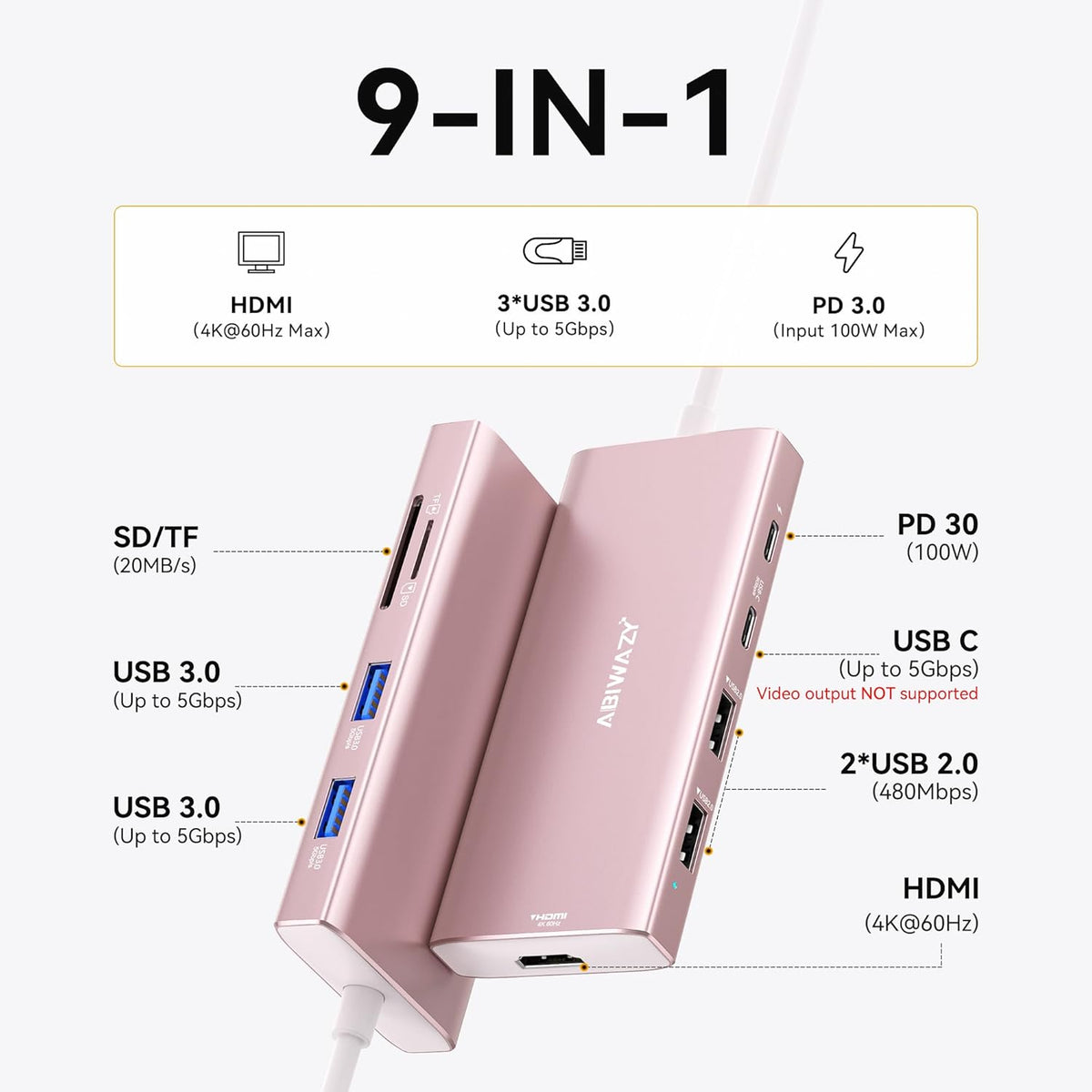 USB C Hub HDMI USB Adapter, 9 in 1 Dock with HDMI 4K@60Hz, SD/TF Card Reader, USB C Port,100W PD and 4 USB Ports (Pink)