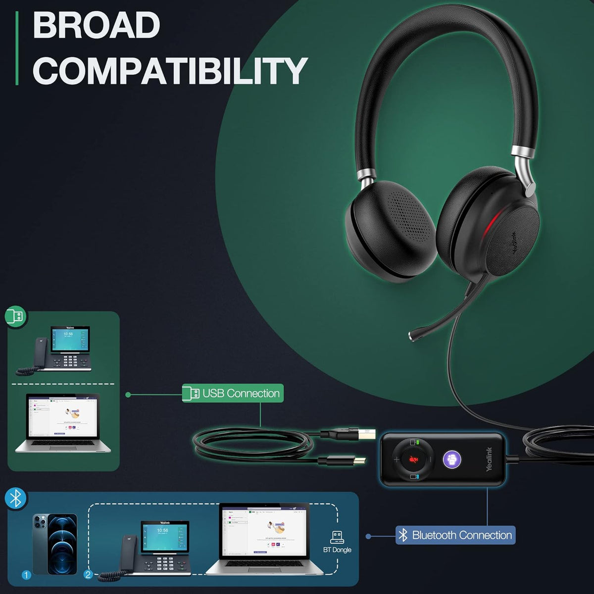 Yealink UH38 Bluetooth USB Wired Headset, Work Headset with Noise Cancelling Microphone, Teams Certified, Comfort Fit, Dual Connect for PC Computer & Mobile Devices, Dual Busylight