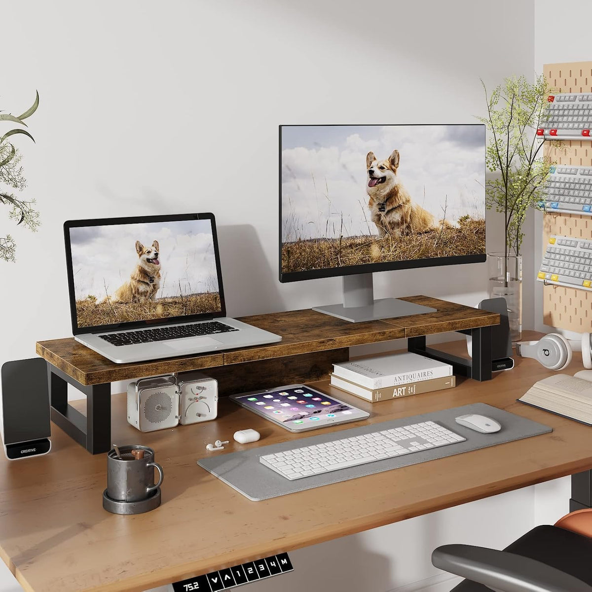 WESTREE Dual Monitor Stand Riser, Wood and Steel Monitor Stand Riser, Computer Monitor Stand for 2 Monitors, Multi-Purpose Desktop Storage Stand for Computer,Laptop,Printer,TV