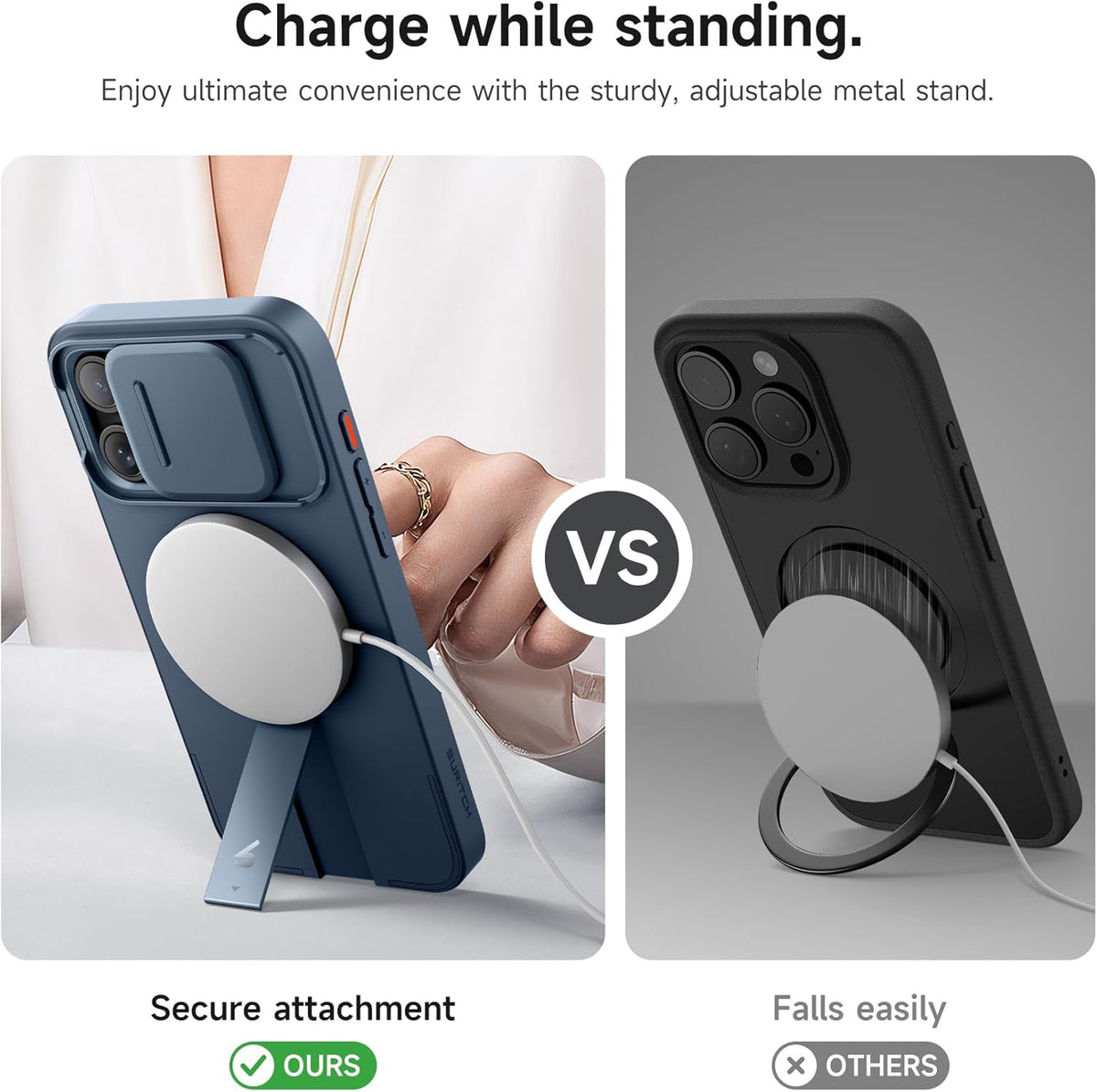 SURITCH for iPhone 15 Pro Max Case with Magnetic Camera Slide Cover and Adjustable Kickstand, Compatible with MagSafe, Shockproof Bumper Case Slim Protective Cover 6.7 Inch, Blue
