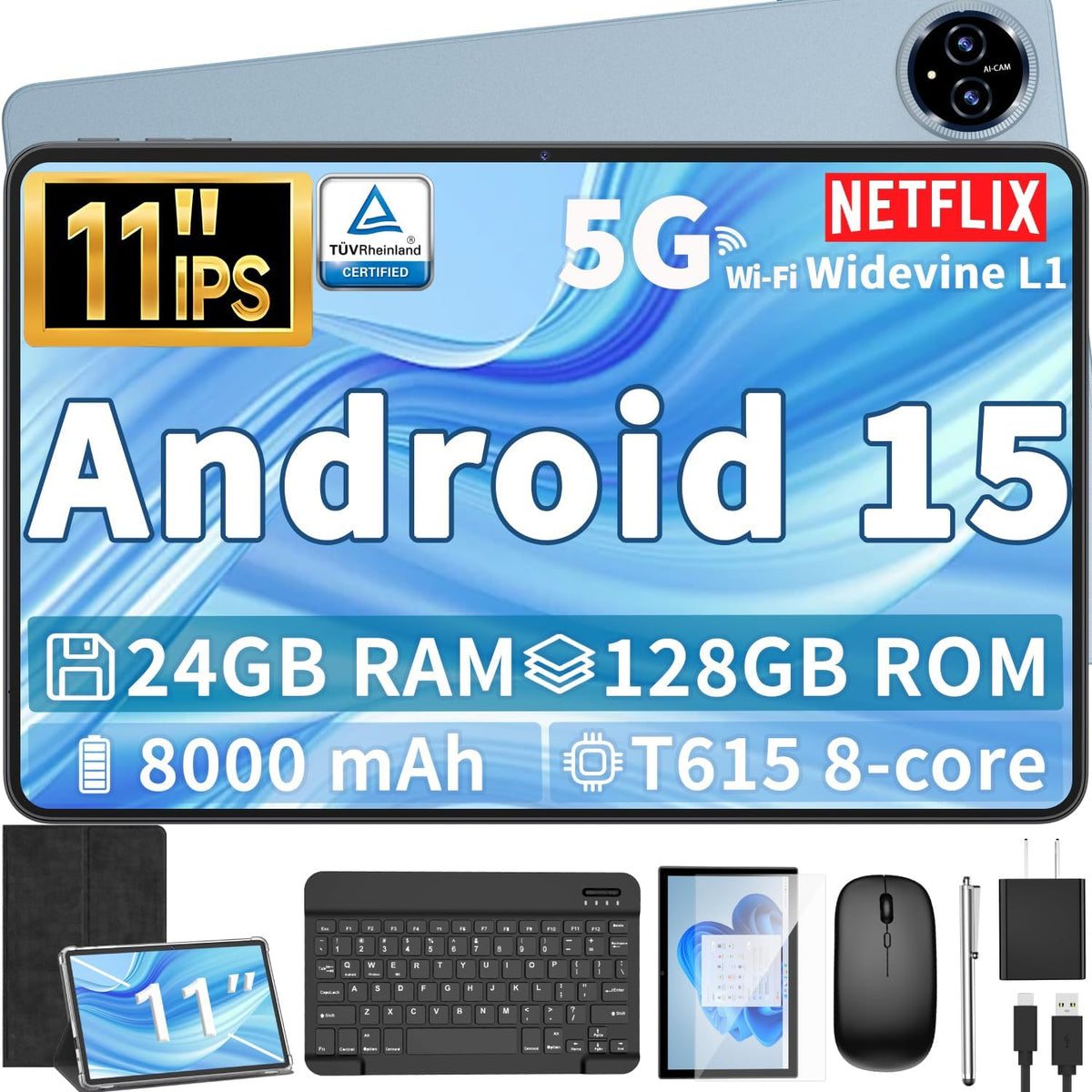Android 15 Tablet, 11 inch Tablet with Keyboard, 24GB+128GB, 1TB Expand, Octa-Core, 2.4G/5G WiFi, 8000mAh, BT V5.0, GMS Certified, IPS Touch Screen, GPS, 2 in 1 with Case, Mouse, Stylus(Black)