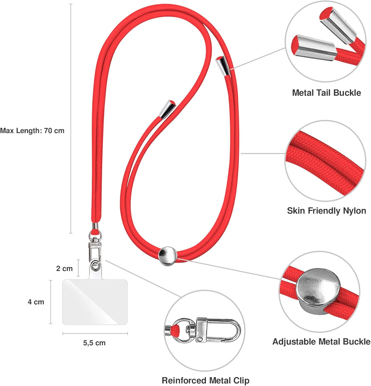 Cell Phone Lanyard [Red] - Comfortable Universal Smartphone Lanyard - Easy to Use Neck Phone Holder [Clear Patch] - Adjustable Length Phone Strap Crossbody - Fits All Mobile Phones