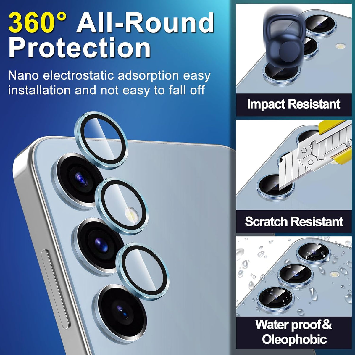 for Samsung Galaxy S24 FE Camera Lens Protector, Individual Metal Ring Tempered Glass Lens Cover, [Strong Adsorption] Scratch Resistant Ultra-Thin HD Clear Lens Cover, 1 Set-Blue