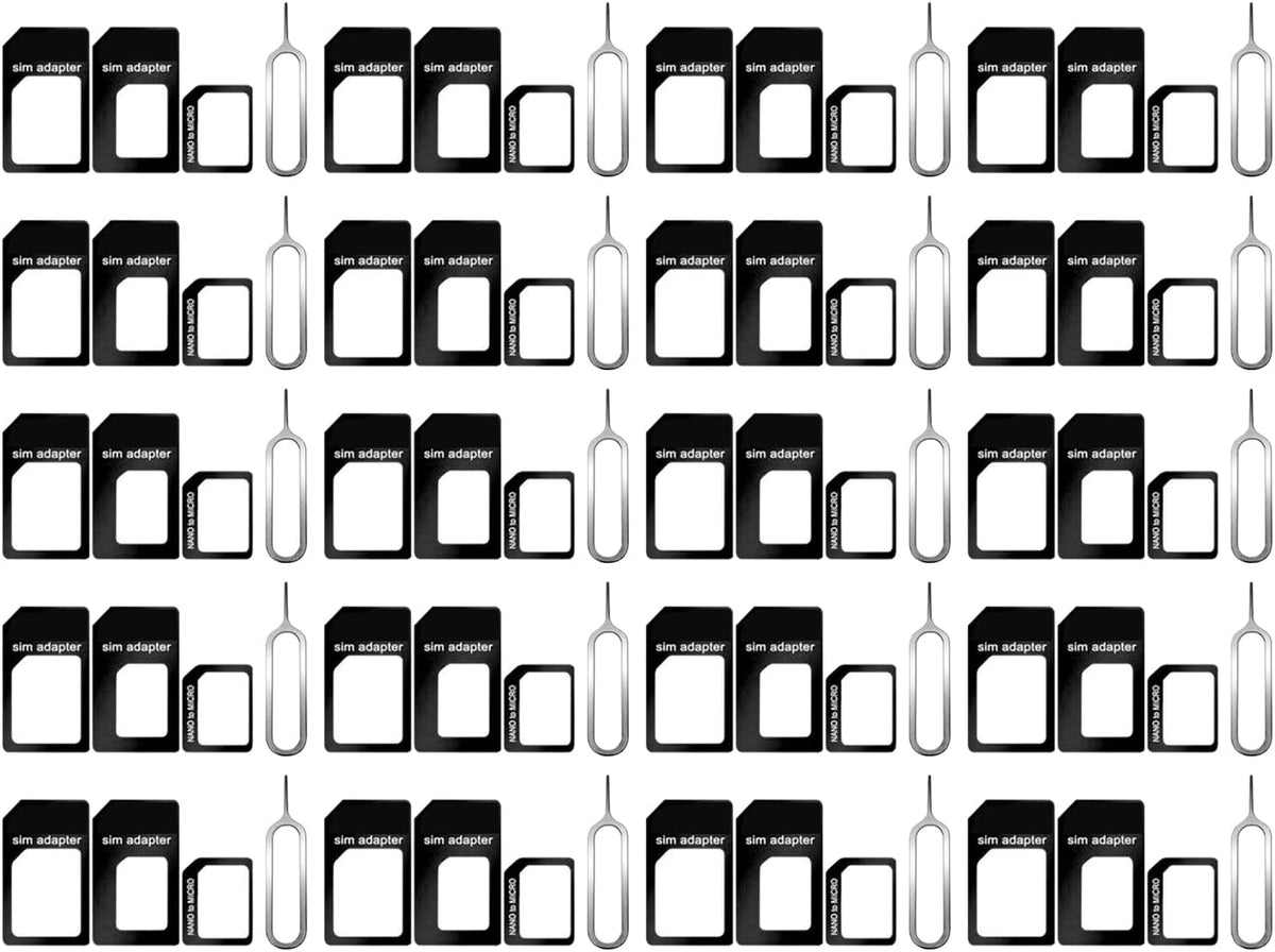 20 Pack SIM Card Adapter Kit, 4 in 1 Nano Micro Standard Converter Kit with Steel SIM Tray Eject Pin 1, Black