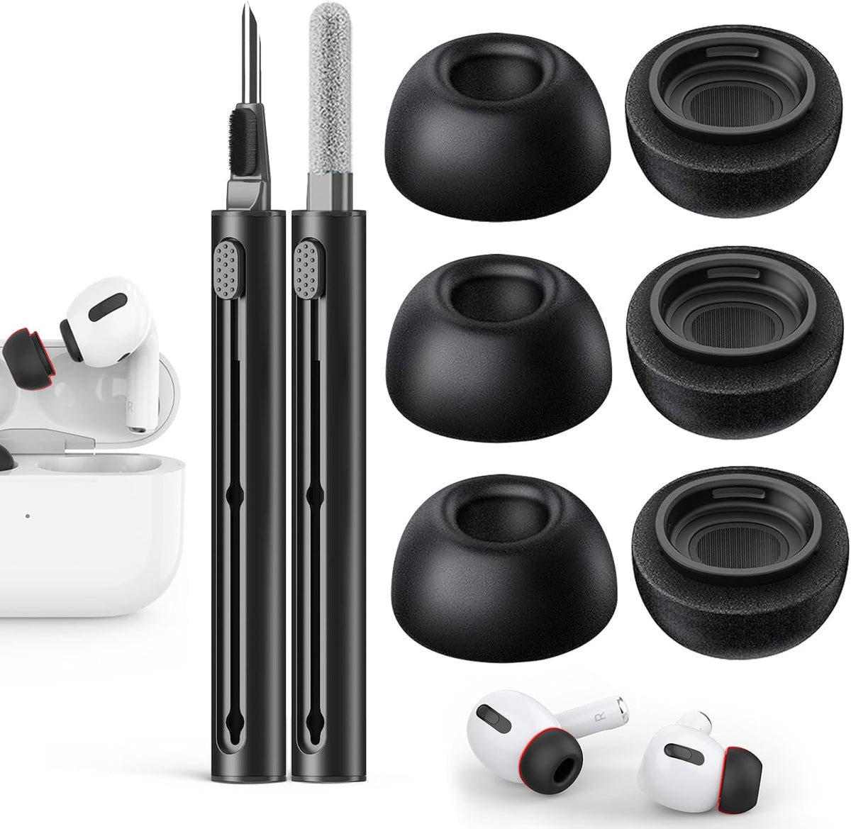 Memory Foam Replacement Ear Tips Compatible with AirPods Pro 2nd/1st Generation,with Noise Reduction Hole & Built-in dust Guard Screen,for USB-C Charging Case with Cleaner kit -Black