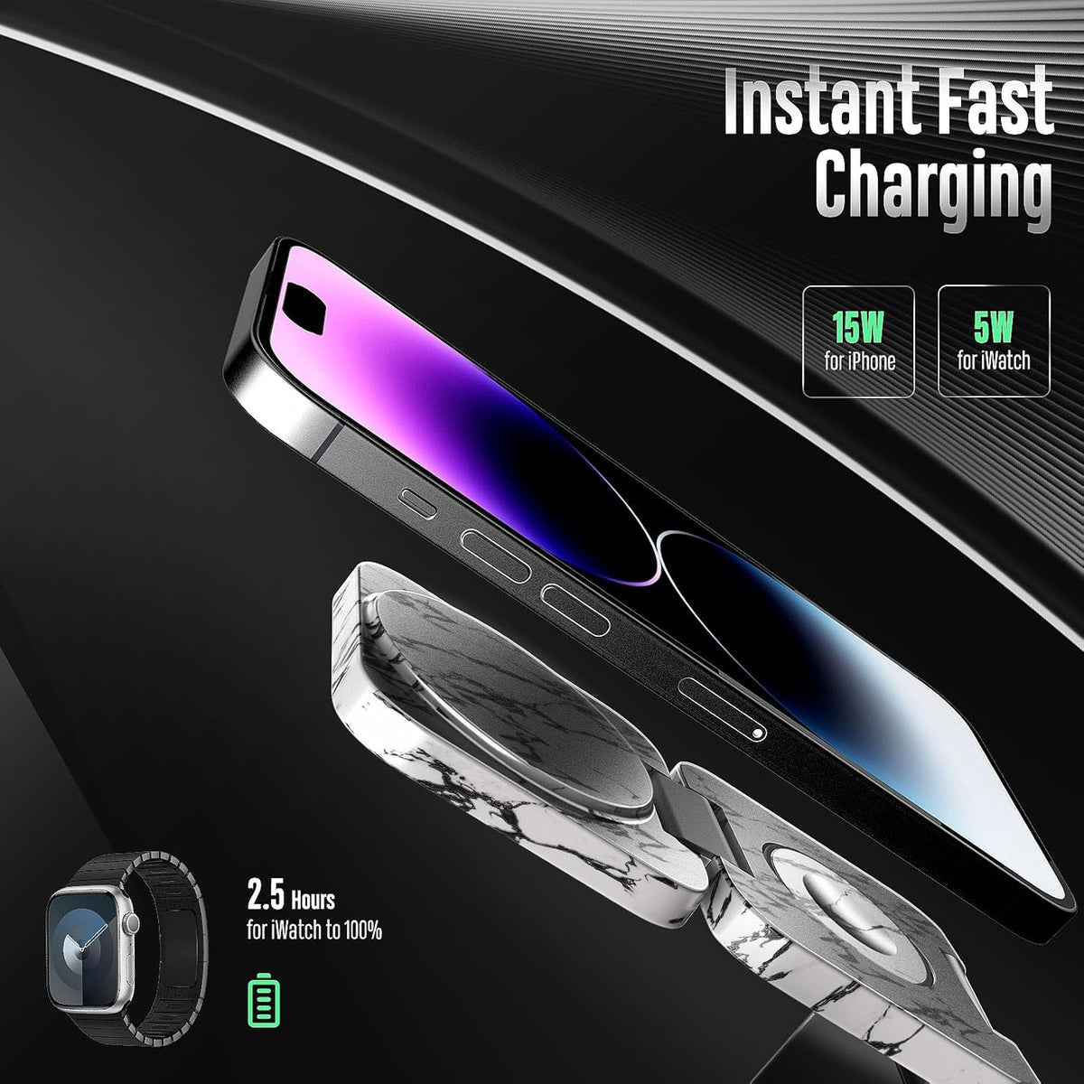 Fast Wireless Charger, Magnetic Foldable 3 in 1 Charging Station for iPhone 16/15/14/13/12/Pro/Plus/Pro Max, 5W Portable Charger for Apple Watch9/8/7/6/5/4/SE, for Airpods