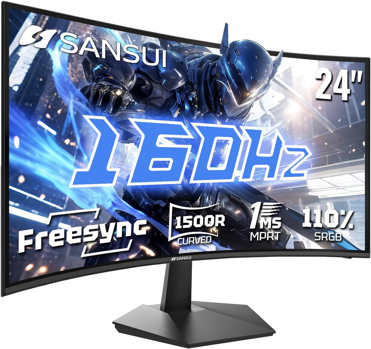 SANSUI Curved 24 Inch Gaming Monitor 160Hz FHD 1080P Computer Monitor,MPRT 1ms 1500R Fast VA Display, Freesync,HDR,3000:1 Contrast Ratio, HDMI2.0,DP1.4, VESA Compatiable(ES-G24C1L HDMI Cable Included)
