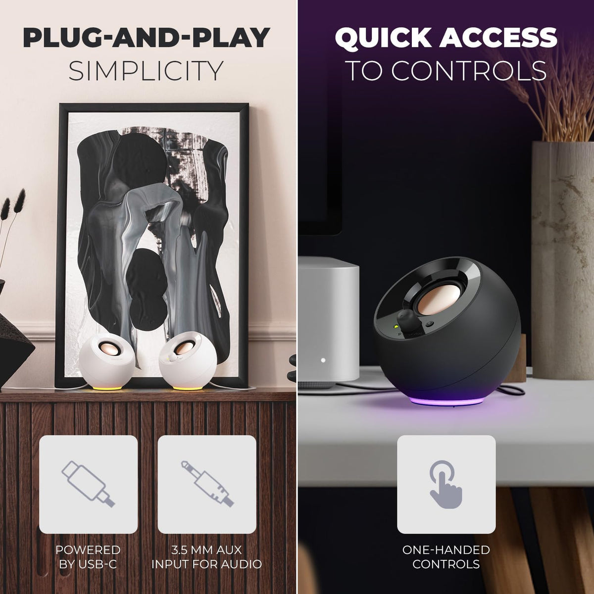Creative Pebble SE Minimalist 2.0 USB-C Powered PC Speakers with RGB Lighting, 3.5 mm AUX-in, Up to 4.4W RMS Power for Computers and Laptops (White)