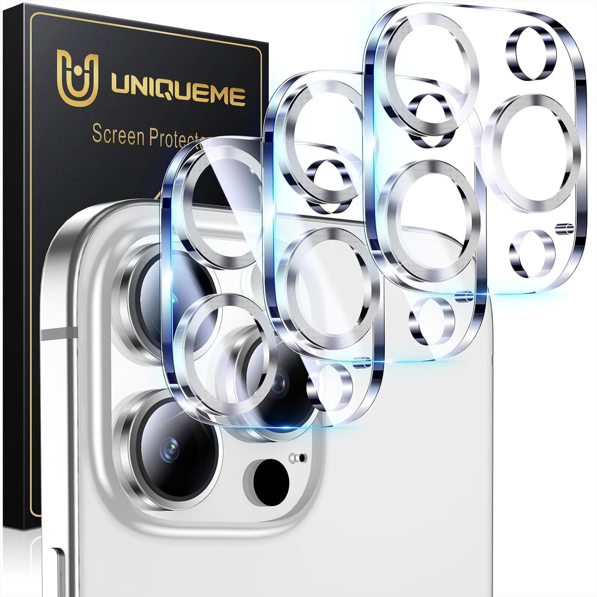 UniqueMe for 3 Pack iPhone 16 Pro/iPhone 16 Pro Max Camera Lens Protector - [Drop Protection] [Case Friendly] 9H Tempered Glass Camera Cover Screen [Update New Version] - Silver
