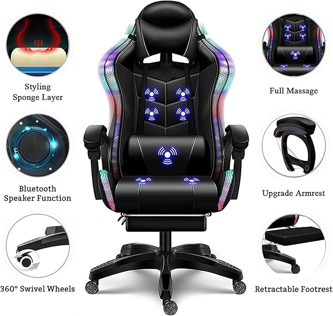 Gaming Chair with Speakers and RGB Lights Video Game Chairs Ergonomic Pro Office Chair with Full Massage Lumbar Support 90°-135° Backrest Adjustable Computer Chairs with FootrestPink