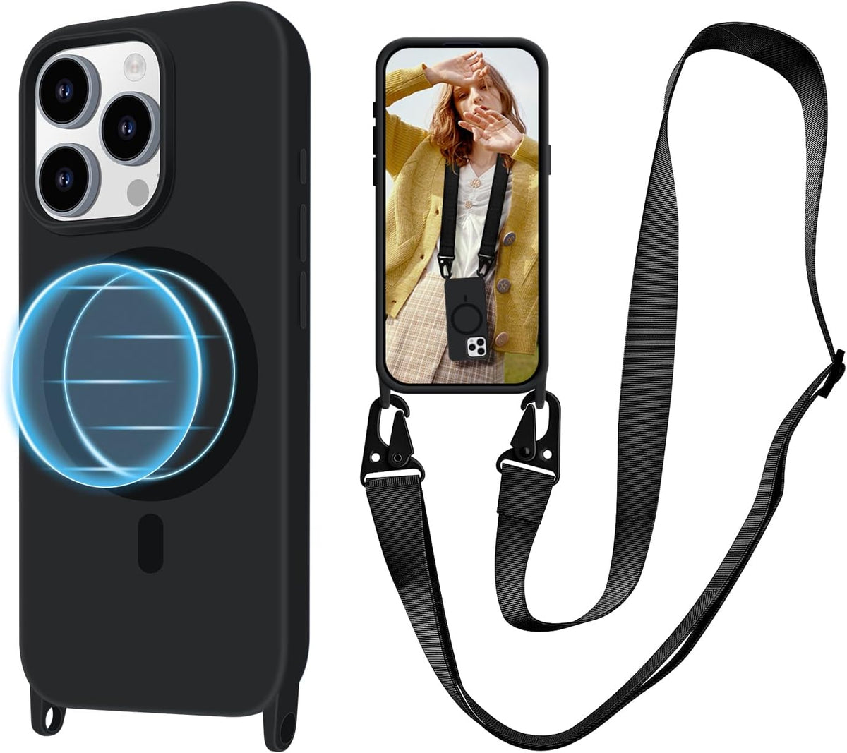 for iPhone 16 Pro Max Case with Lanyard [Compatible with MagSafe], Crossbody Phone Case with Neck Strap Adjustable, Magnetic Phone Cover for iPhone 16 Pro Max 6.9'' Black