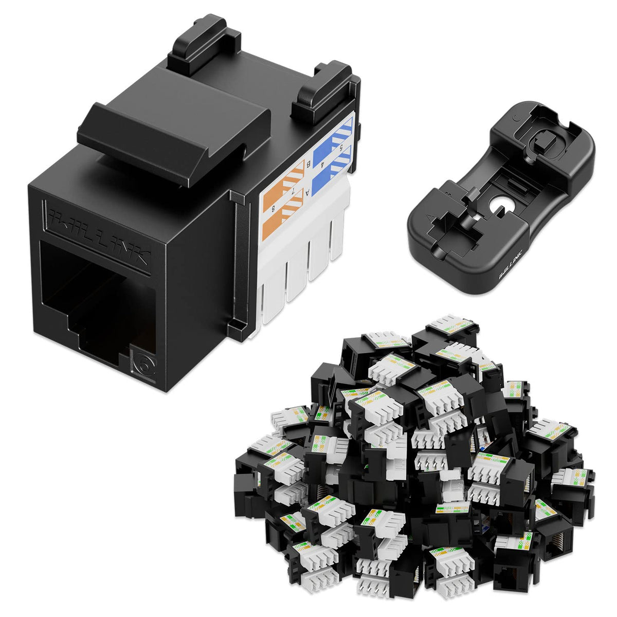 iwillink 10Gbps Cat6 Keystone Jack and Punch-Down Stand, 50-Pack, RJ45 Ethernet Keystone Jacks, 90-Degree UTP Modular Punch Down Keystone Jack Adapter, Black