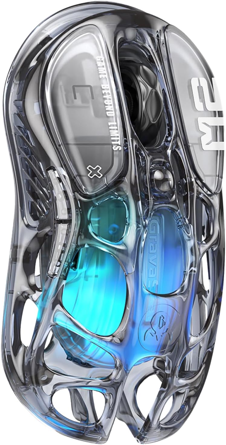 GravaStar Mercury M2 Wireless Gaming Mouse with 26,000 DPI, PAW3395DM Sensor -79g Lightweight Hollowed-Out Design -5 Programmable Buttons -5 Dynamic Lightsync RGB - Transparent Black