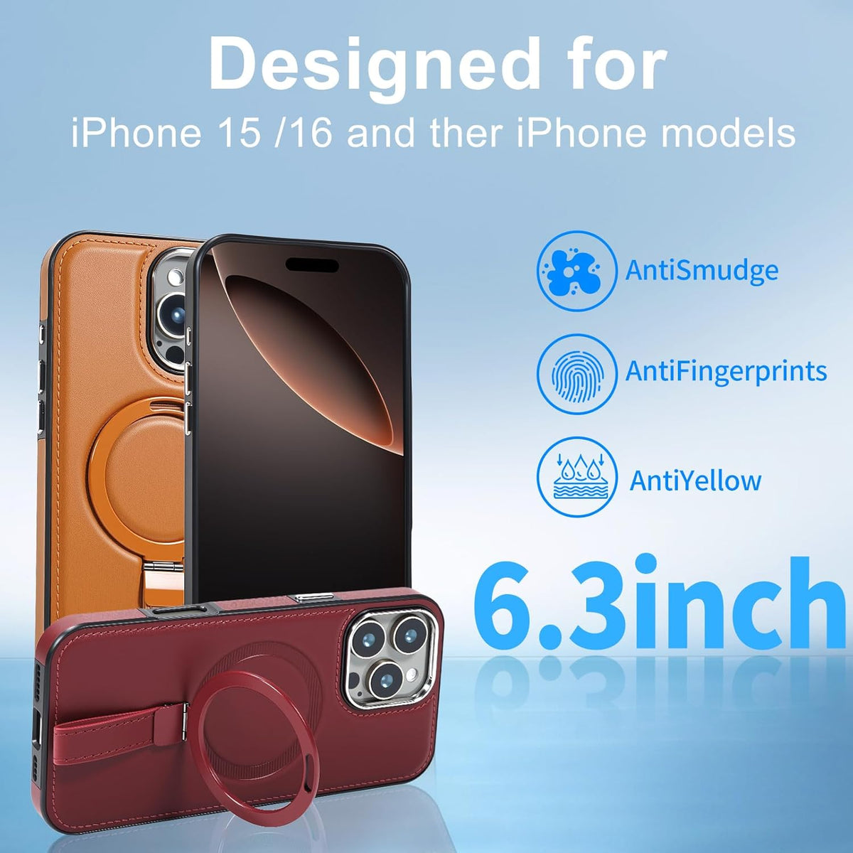 Leather Case, Suitable for iPhone 15 Pro Max Case, Invisible Magnetic Design, Equipped with a Lanyard and Foldable Stand, Black, Yellow and red (Red, iPhone 15 Pro Max)