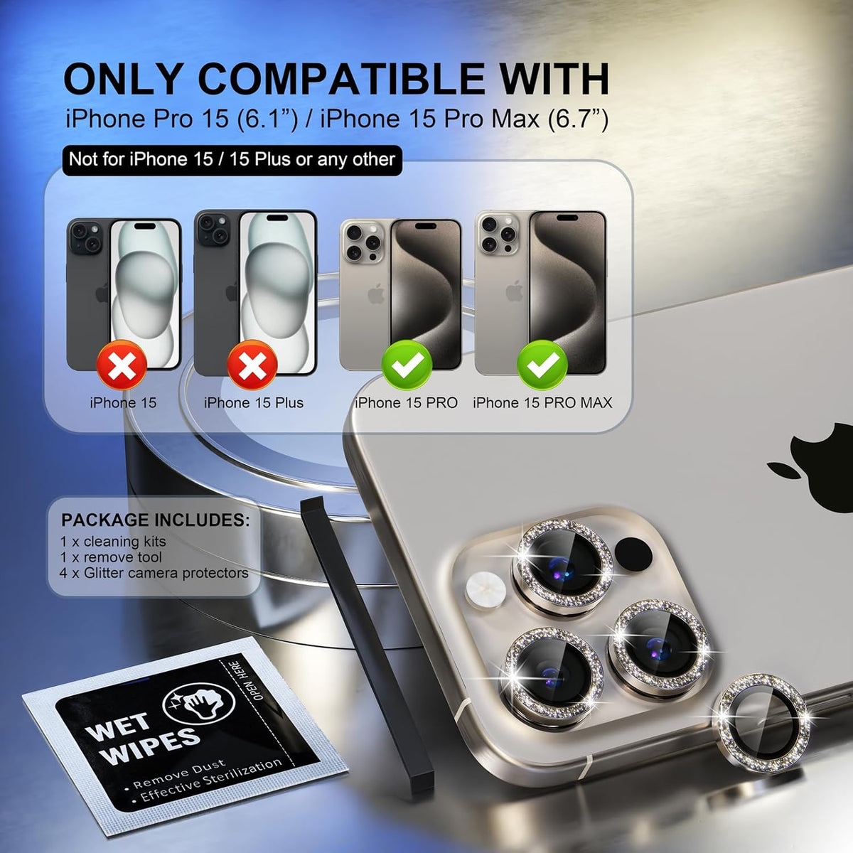Choiche Compatible for iPhone 15 Pro/iPhone 15 Pro Max Camera Lens Protector Bling, 9H Tempered Glass Camera Cover Screen Protector Metal Ring Decoration Accessories (Glitter-Titanium Gray)