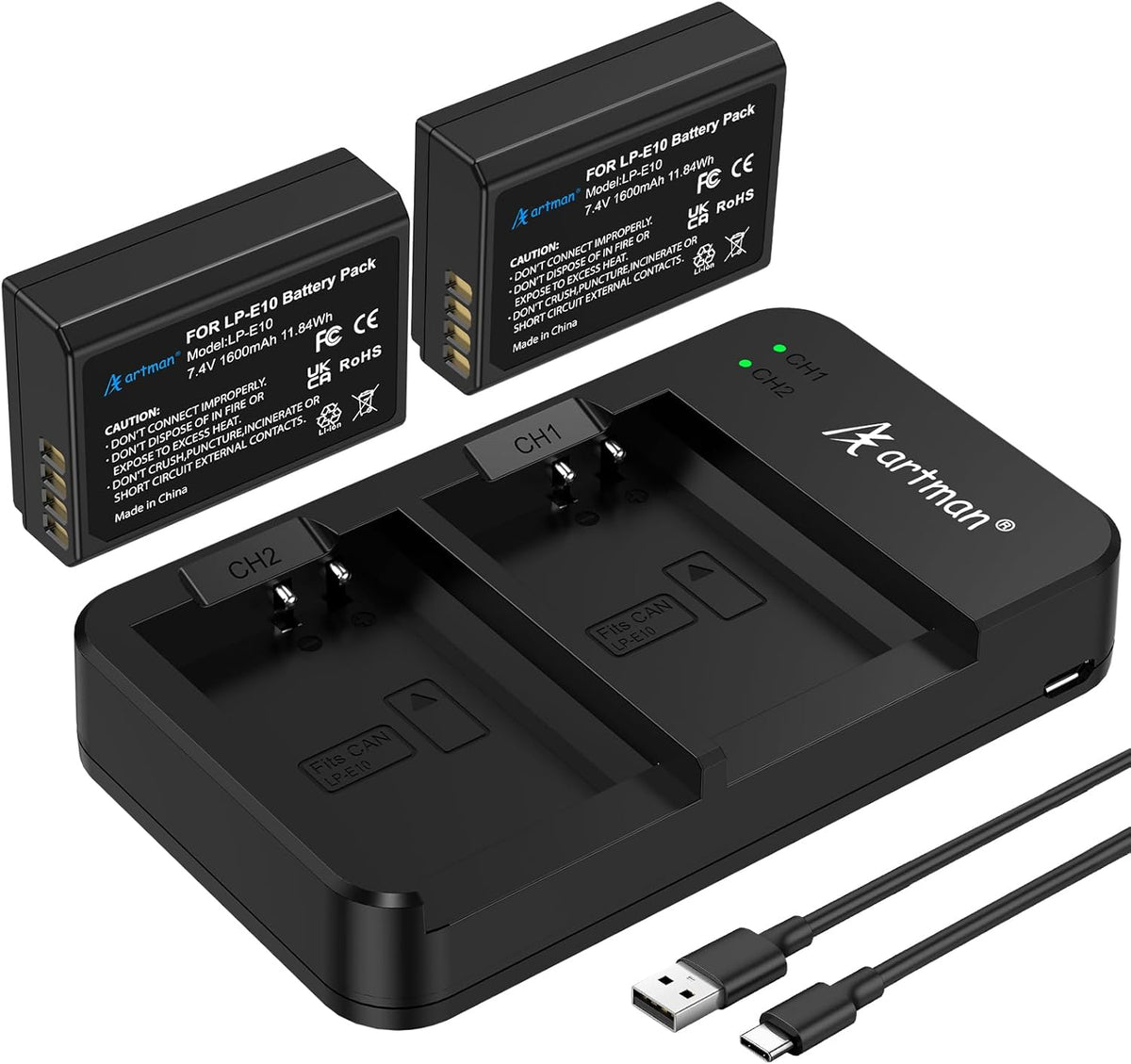 A Artman LP-E10 2-Pack 1600mAh E10 T7 T6 T5 T3 T100, X50 X70 X80 X90, 1100D 1200D 1300D 1500D 2000D 3000D 4000D Artman