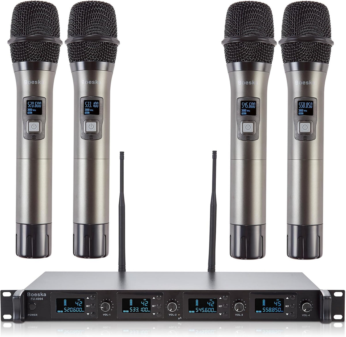 Wireless Microphone System, 4-Channel UHF Wireless Mic, Fixed Frequency Metal Cordless Mic with 4 Handheld Dynamic Microphones, 200ft Range, Mics for Singing, Church (4 Handheld)