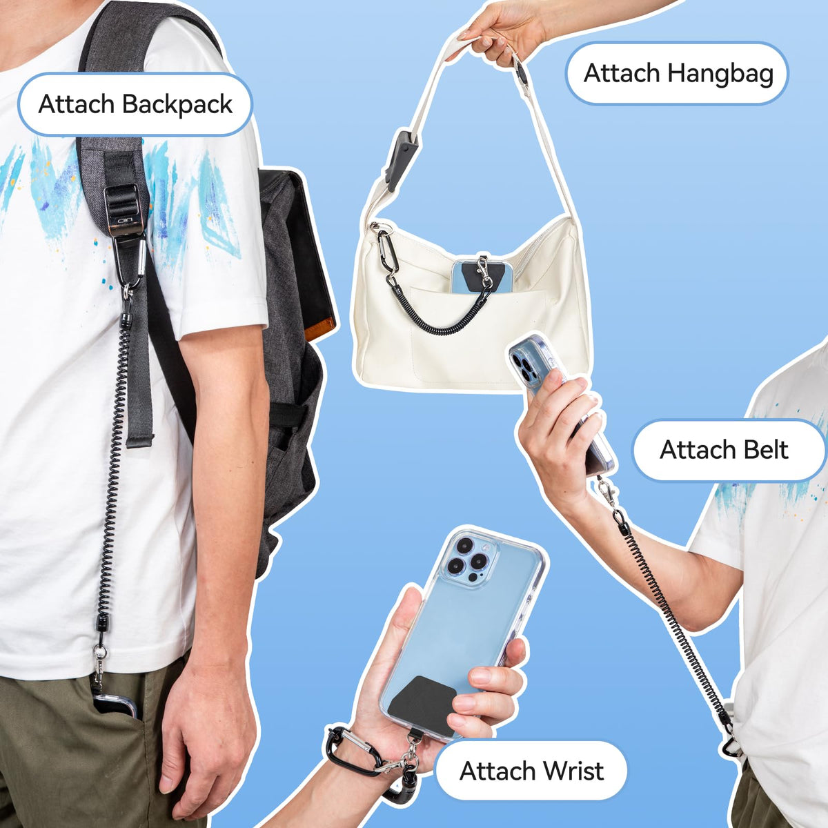 SHANSHUI Phone Lanyard Tether, Anti Theft Spring Phone Strap, 4 x Phone Pacthes & Climbing Hook Universal Phone Lanyard for Keys Outdoor Skiing Hiking Fishing Fitting for All Smartphones - 2PCS Black