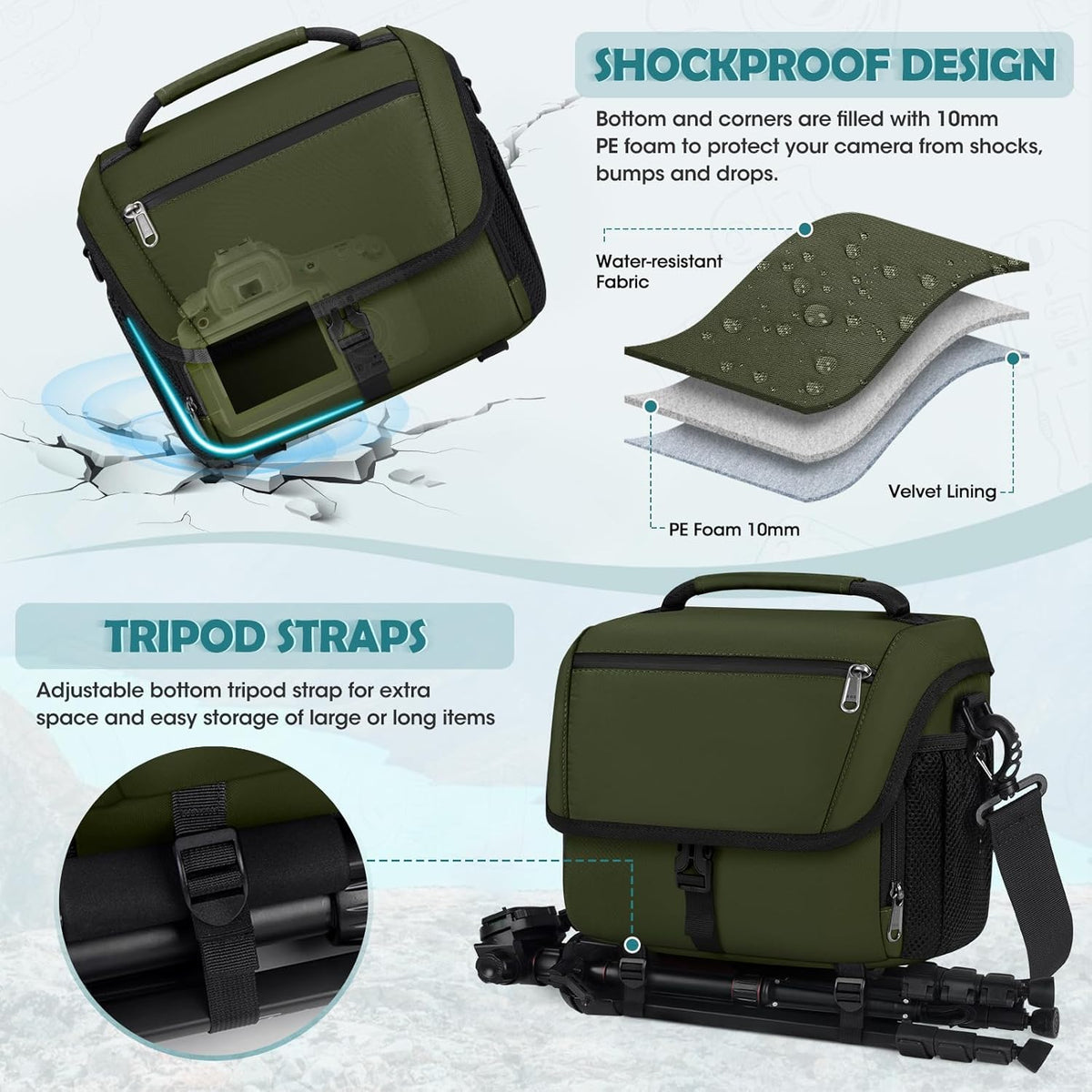 RAINSMORE Camera Bag, DSLR/SLR/Mirrorless Camera Case with Tripod Holder Waterproof Camera Sling Bag Crossbody Camera Bags for Photographers with Rain Cover for Canon/Nikon/Sony/Fuji, Green