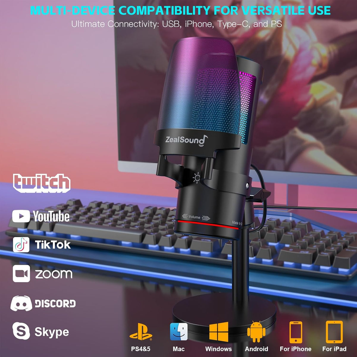 ZealSound Gaming USB Microphone,Noise Cancellation Condenser mic with RGB Light,Touch Mute,Gain,Monitoring for Streaming, Podcast, Twitch, YouTube, Discord, iPhone, iPad,PC,Computer,PS4,PS5,Mac