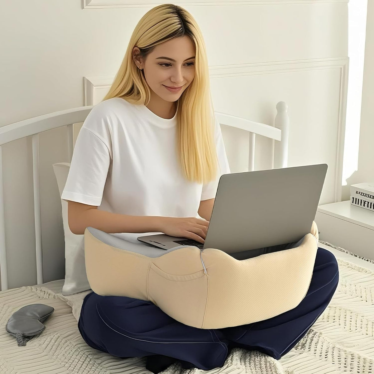XWZO Laptop Lap Desk with Cushion, Ergonomic Wrist Rest Home Office Laptop Desk, Portable Memory Foam Arm Rest Gaming Pillow, Work or Sleep Pillow Stand for Bed, Eye Mask Included, Beige