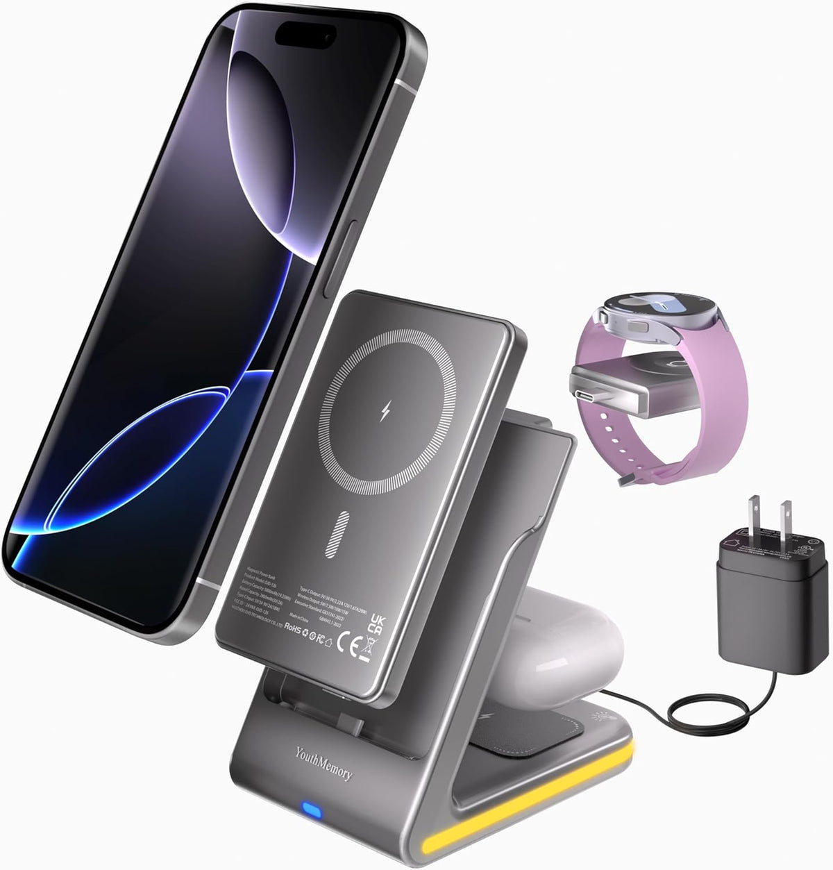 Wireless Charger 5 in 1 Magnetic Charging Station Stand with Portable Power Bank for Apple/Samsung Multiple Devices for Apple Watch 10-2,iPhone 16 15-12 Pro Max/Samsung Galaxy S25 Ultra S24-S8