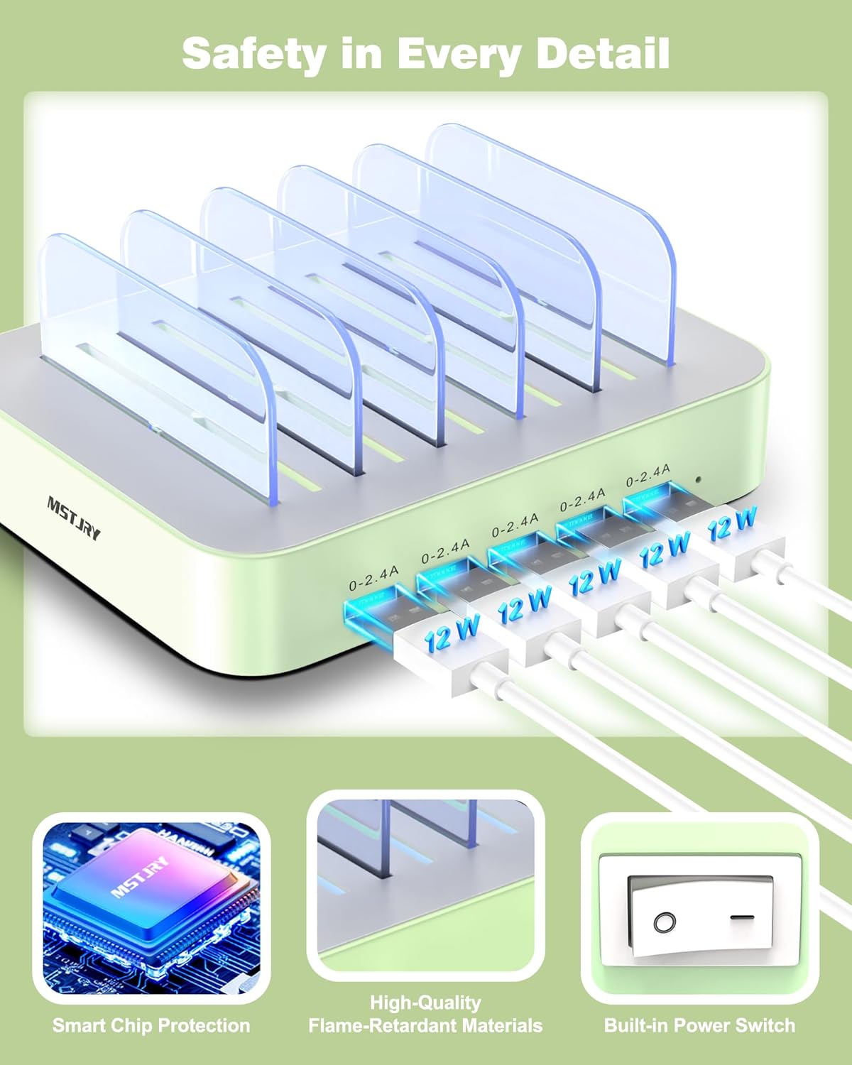 MSTJRY Charging Station for Multiple Devices : 5 Port Multi USB-A Charger Stations Multi-Device Organizer Charging Dock Designed for iPhone iPad Cell Phone Tablets (7 Short Cables Included), Cyan