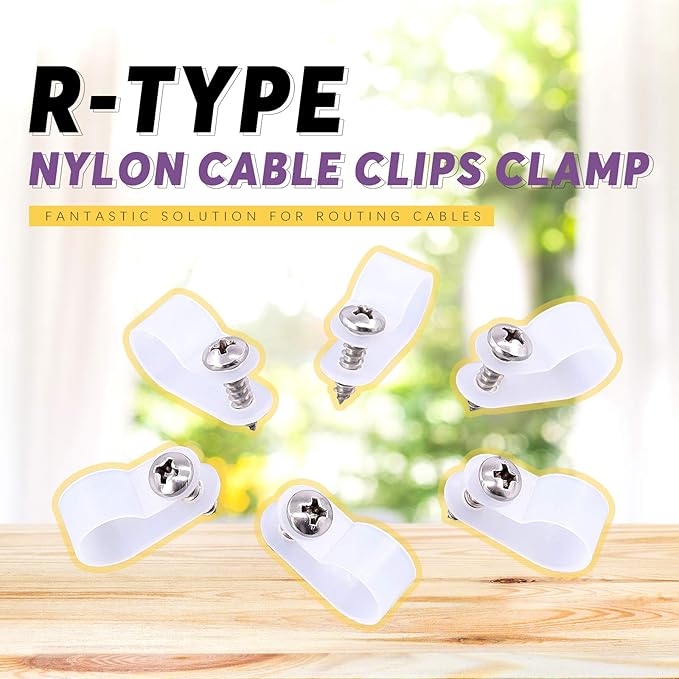 Swpeet 120 Pack White 1/2 Inch Nylon Plastic R-Type Cable Clips Clamp Kit, Nylon Screw Mounting Cord Fastener Clips with 120 Pack Screws for Wire Management (1/2 Inch, White)