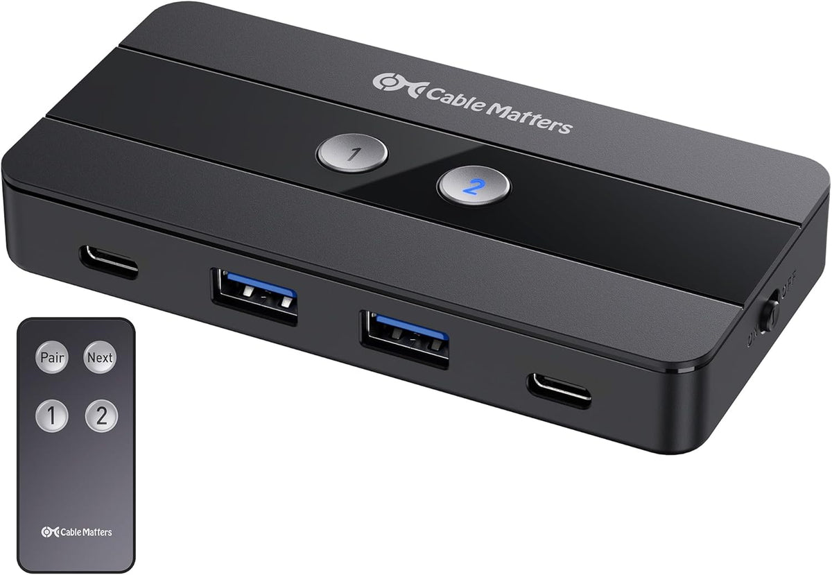 Cable Matters USB C Switch for 2 Computers with Remote Control, 10Gbps Data Transfer, Shares 2X USB-A and 2X USB-C Peripherals (Keyboard, Mouse, Printer, SSD), Data Only - No Video, No Host Charging