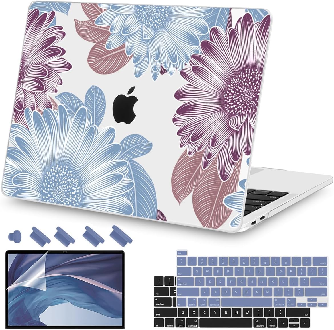 Teryeefi Compatible with M2 M1 MacBook Pro 13 Inch Case A2338 A2289 A2251 A2159 A1989 A1706 A1708 (2024 20203 2022-2016), Hard Shell Case & Keyboard Cover for Mac Pro 13" - W-Flowers