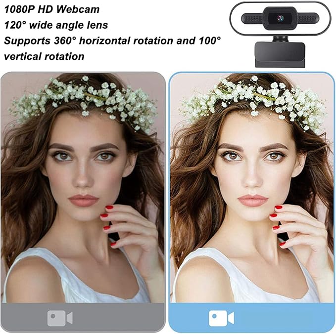 1080P HD Webcam with Microphone 120° Wide Angle Camera with Adjustable Ring Light Auto Focus Laptop USB Webcam for Video Calling Recording
