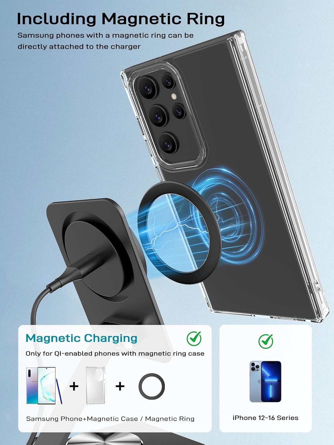 Compatible with MagSafe Charger, 15W MagSafe Charger Stand, 360°Rotation Base Adjustable Foldable Wireless Charger for Samsung Galaxy S25 Ultra/Z Fold7/Flip7/iPhone 16/Pixel 10 Pro/Pixel 10 Pro Fold