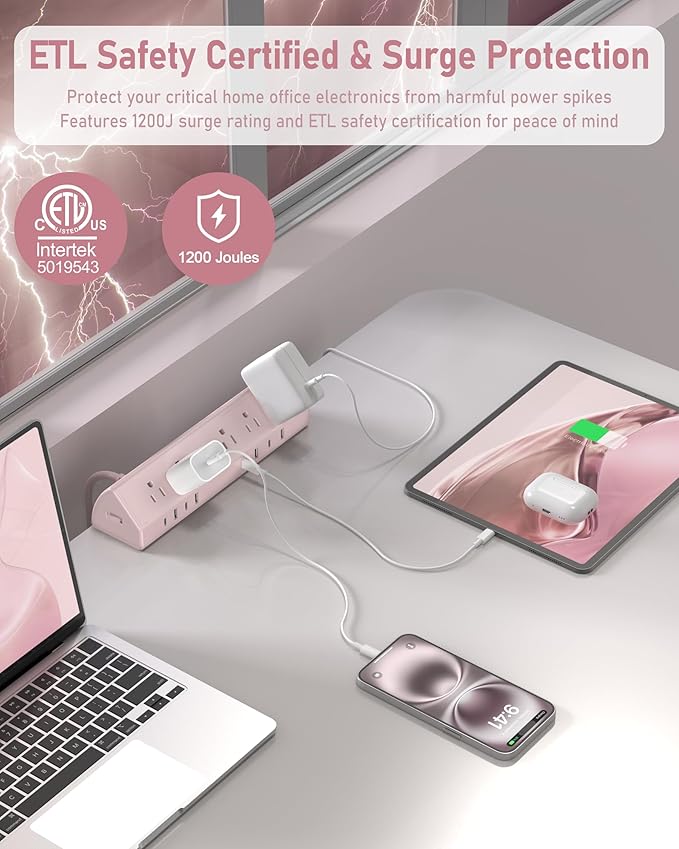 Jgstkcity Desk Clamp Power Strip USB C 45W,Surge Protector,Pink
