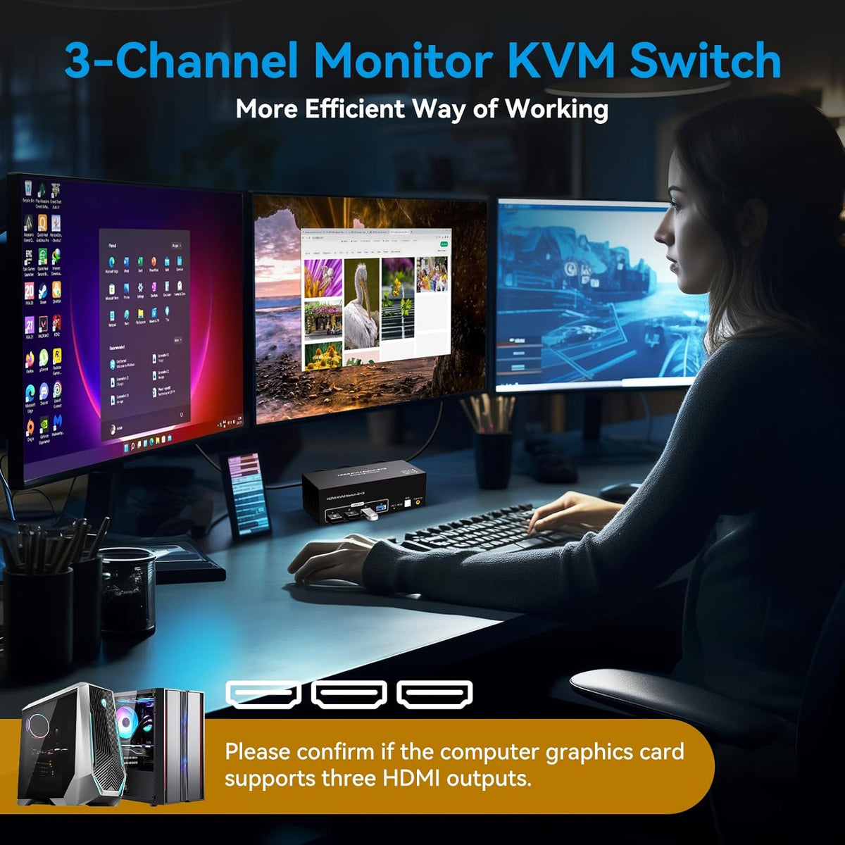8K 60Hz HDMI KVM Switch 3 Monitors 2 Computers 4K 120Hz USB 3.0 KVM Switches Triple Monitor 2 Ports Share 1 Set of Keyboard Mouse Printer Scanner Between Two PC with Wired Controller