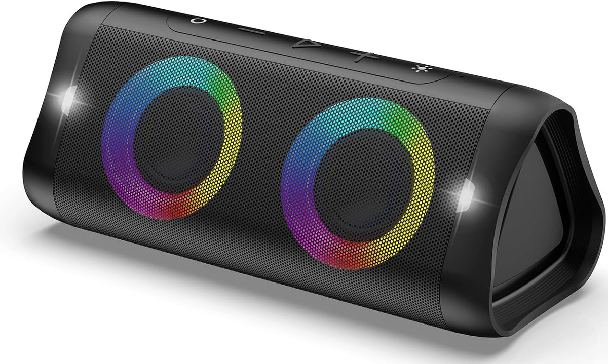 DONOW Portable Bluetooth Speaker with Lights, 30W Stereo Sound, Bass Boost, IPX5 Waterproof, 20H Playtime, Built-in Mic, Speakers Bluetooth Wireless for Home, Party, Outdoor, Travel(Black)