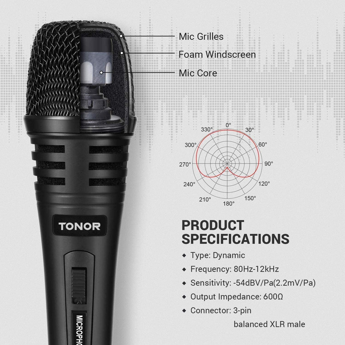 TONOR K1 Vocal Microphone for Singing, Dynamic Handheld Wired Karaoke Mic, Microfono with 5M XLR to 1/4" Cable, Compatible with Amp, Mixer, Suitable for Speech, Karaoke and Outdoor Activities