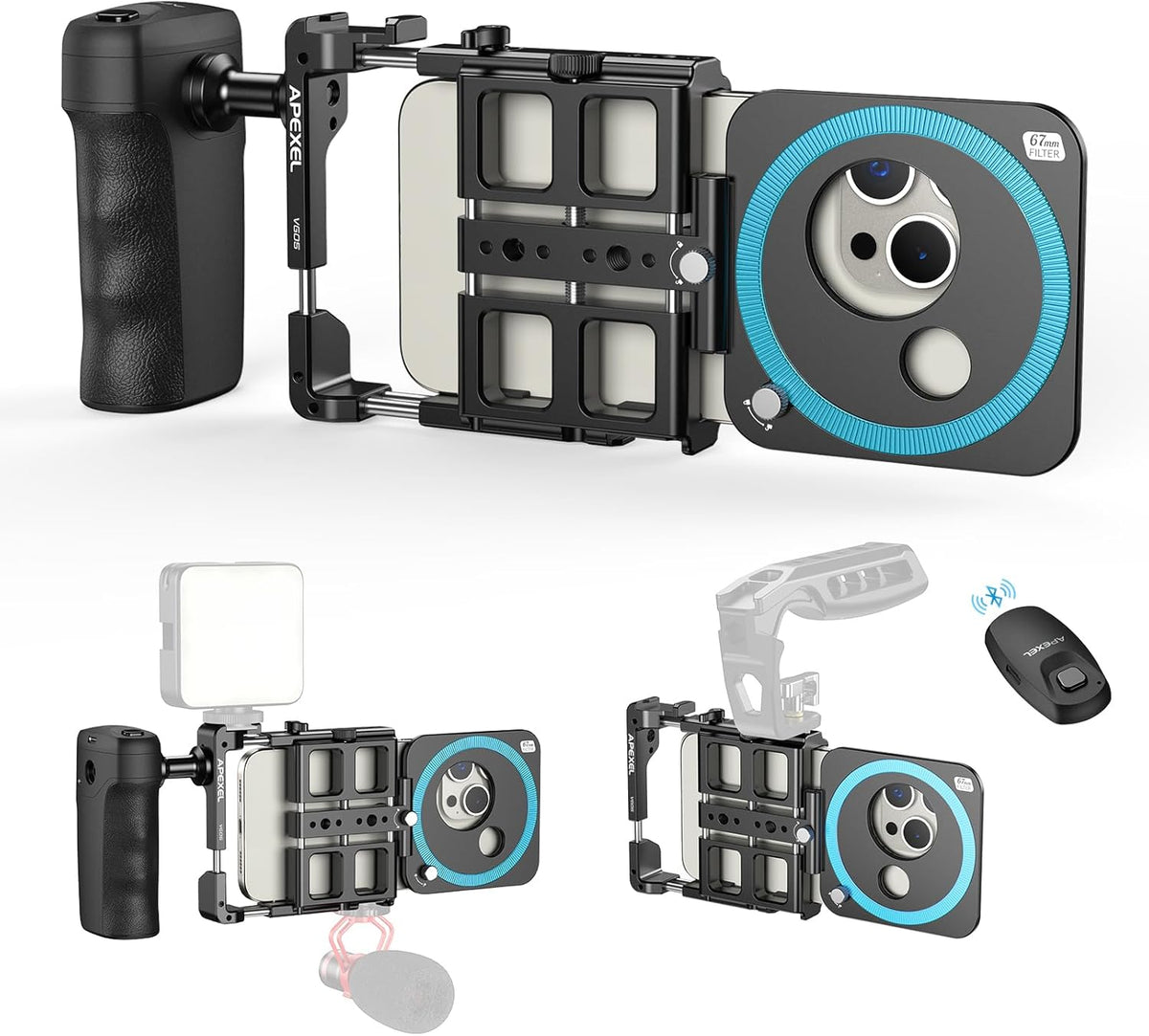 APEXEL Universal Phone Rig Video Kit. Aluminum Handheld Smartphone Vlogging Cage with Rechargeable Handle Wireless Bluetooth Shutter, Phone Stabilizer for Videomaker Compatible with iPhone/Android.