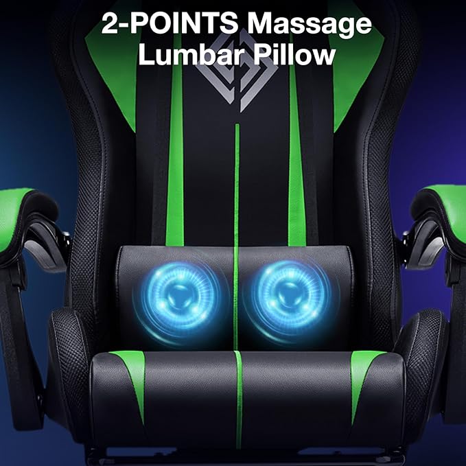 Gaming Chair Massage with Bluetooth Speakers and Lights Ergonomic Computer Game Chair with Footrest LED RGB Lights High Back Music Video Game Chair with Lumbar Support Green and Black