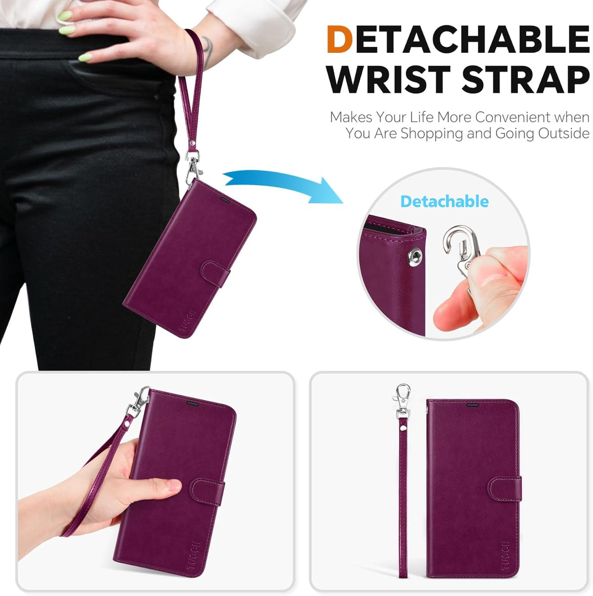 TUCCH Case for Galaxy S25, [Detachable] 2 in 1 Magnetic PU Leather Wallet Case Wrist Strap RFID Blocking Wireless Charging 4 Card Slot Kickstand Removable Flip Folio Cover for Galaxy S25, Plum Purple