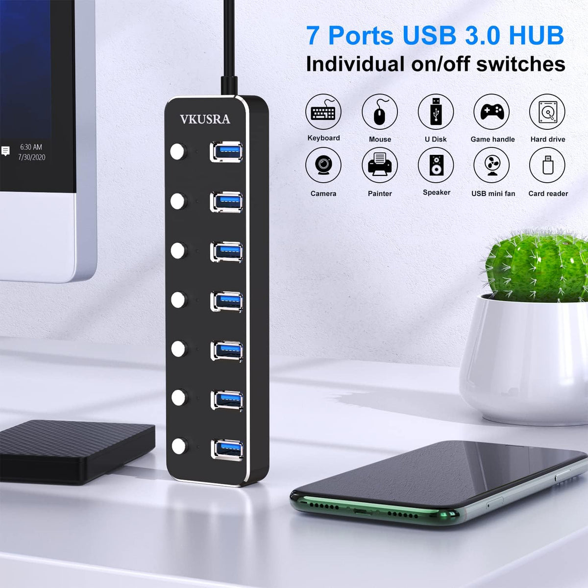 USB Hub, VKUSRA 7 Port USB Hub 3.0 with 4ft USB Long Cable, and Aluminum USB 3.0 Hub with Individual On/Off Switch and LED Indicator, USB Splitter for Laptop & PC, Power Adapter Not Included