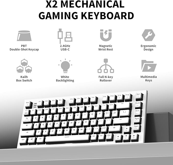 Hexgears X2 TKL Wireless Mechanical Gaming Keyboard with Magnetic Wrist Rest Dual-Mode 2.4GHz/USB-C Ergonomic Keyboard Pre-lubed Linear Switches White LED Backlit Computer Gaming Keyboards