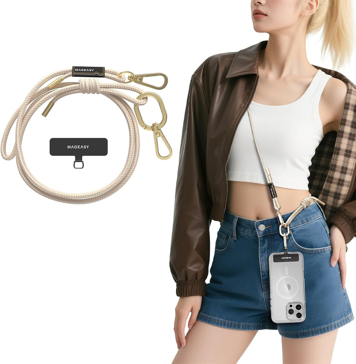 MAGEASY Universal Cell Phone Lanyard - Anti-Theft Rope Crossbody Phone Strap for iPhone 16 Pro Max & Most Smartphones, for Men & Women | 6mm Beige