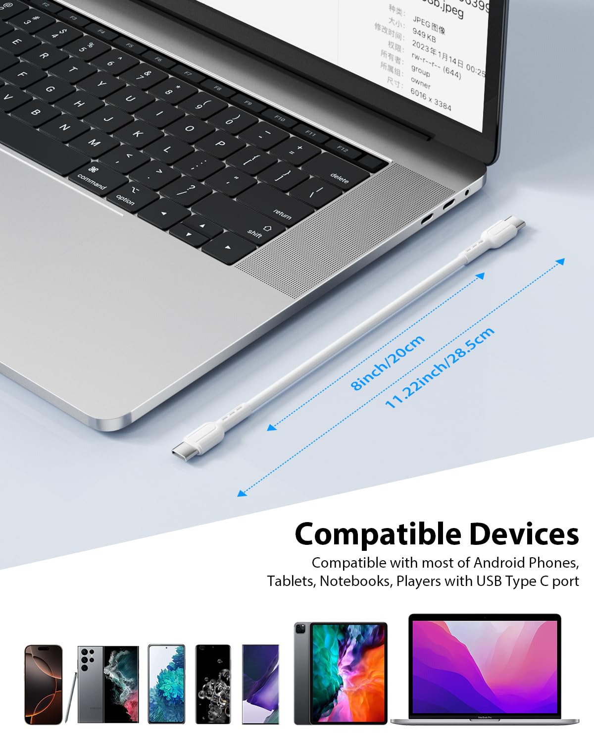 6-Pack Cables,8 Inch/0.7Ft 60W SOOPII Short USB C to USB C Type C Fast Charging Cables,Compatible