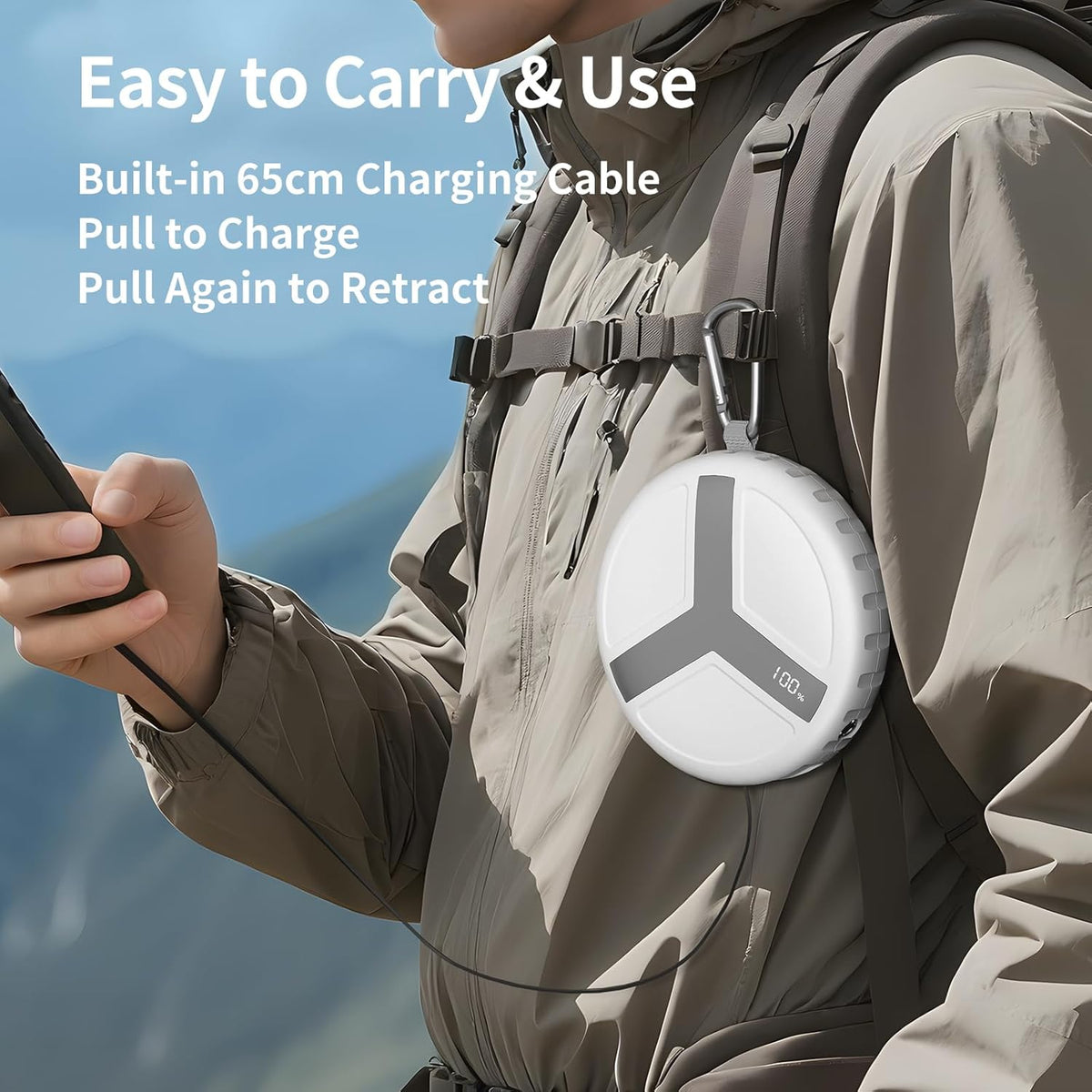 Vivilumens Rugged Power Bank Outdoor Charger 10000mAh USB-C Fast Charging Cable Retractable 25.5 inch Carabiner Wearable Smart Display & Flashlight Battery Pack for Hiking, Camping, Backpacking(White)