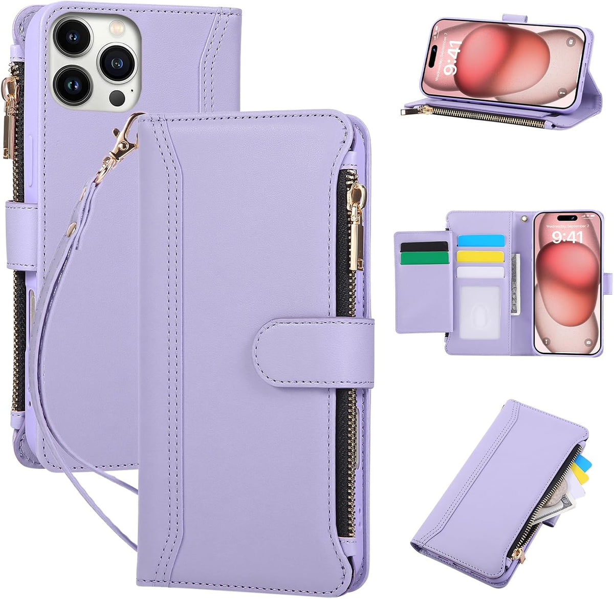 Compatible with iPhone 12 Pro Max Wallet Phone Case-PU Leather Magnetic Flip Cover with Credit Card Slots,Zipper Pocket & Detachable Wrist Strap,Shockproof Design,for Women and Men-Purple