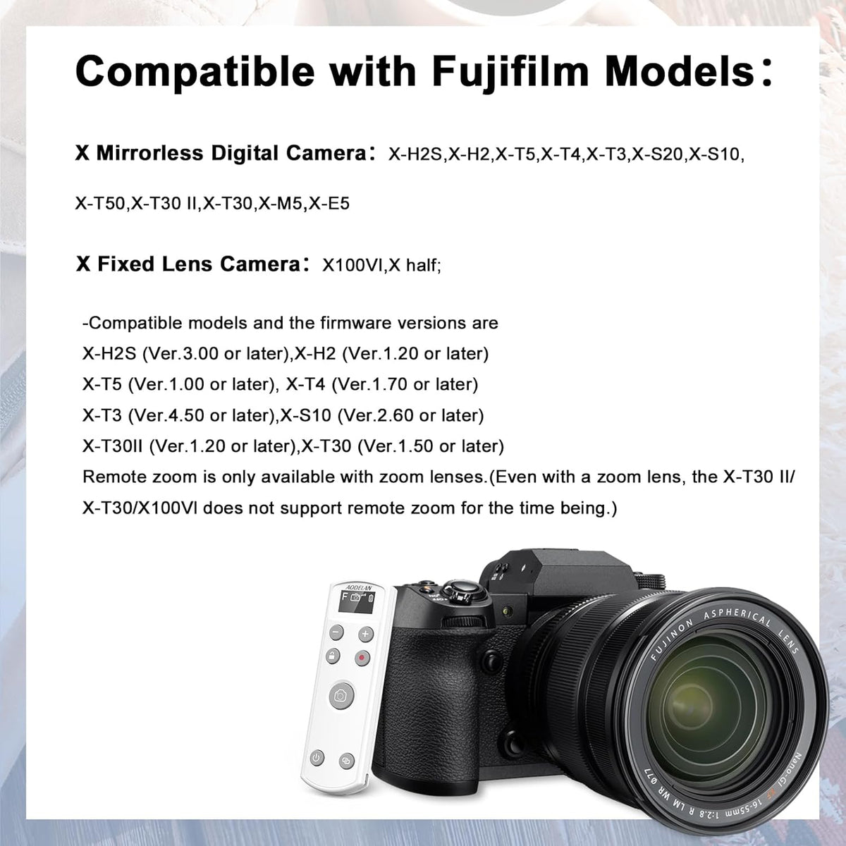 for Fujifilm Rechargeable Camera Remote Control Wireless Shutter Release Compatiable with Fuji X-T30 II, X-S10, X100VI, X-H2S, X-H2, X-T5, X-T4, X-T3, X-S20, X-T50, X-T30, X-M5, X-E5, X Half(White)