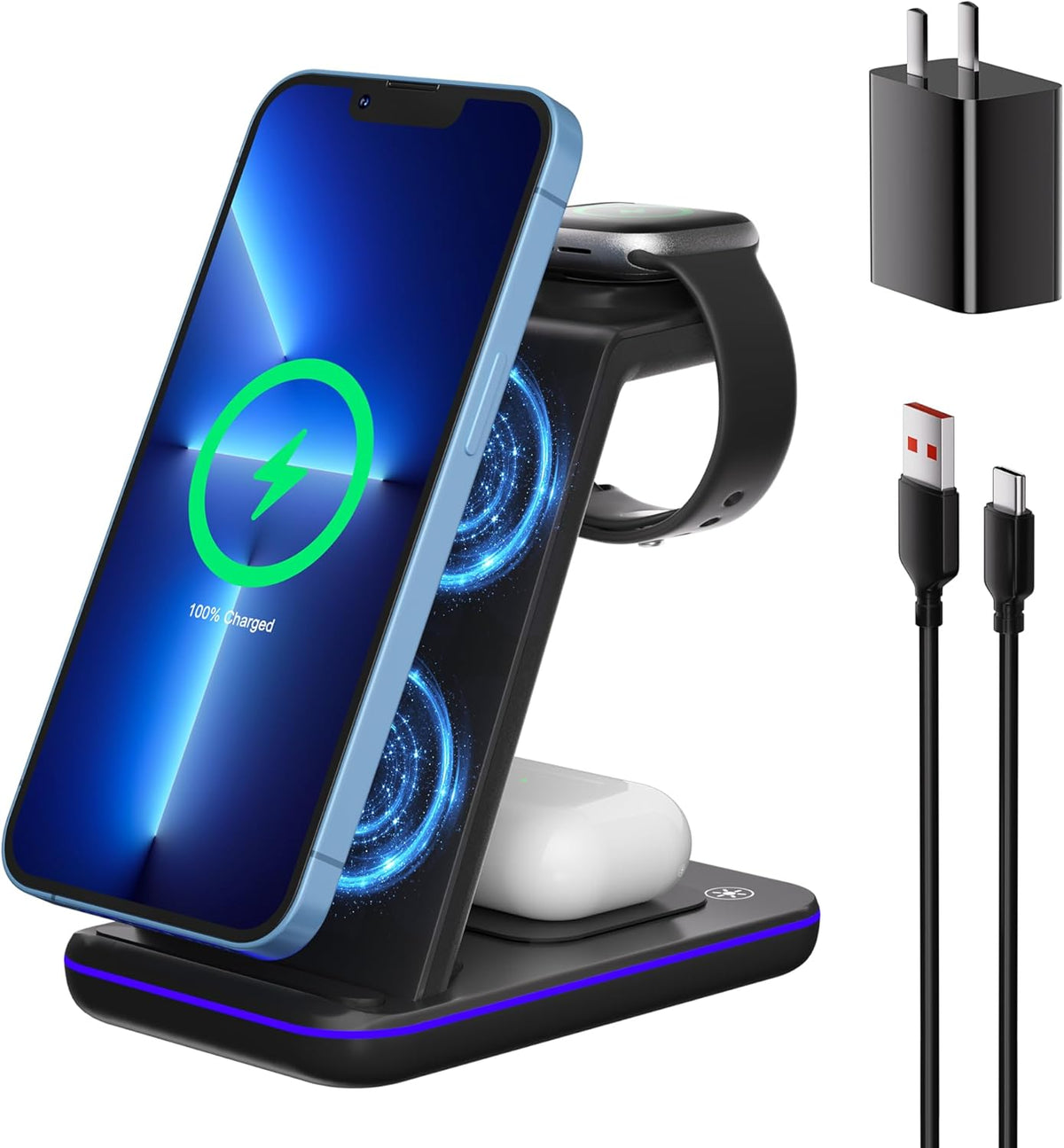 Wireless Charging Station, 3 in 1 Fast Wireless Charger for iPhone 15/14/13/12/11 Series/SE/XS/XS Max/XR/X/8/8 Plus, Charging Stand for Apple Watch SE/8/7/6/5/4/3/2/Ultra and AirPods Pro/3/2
