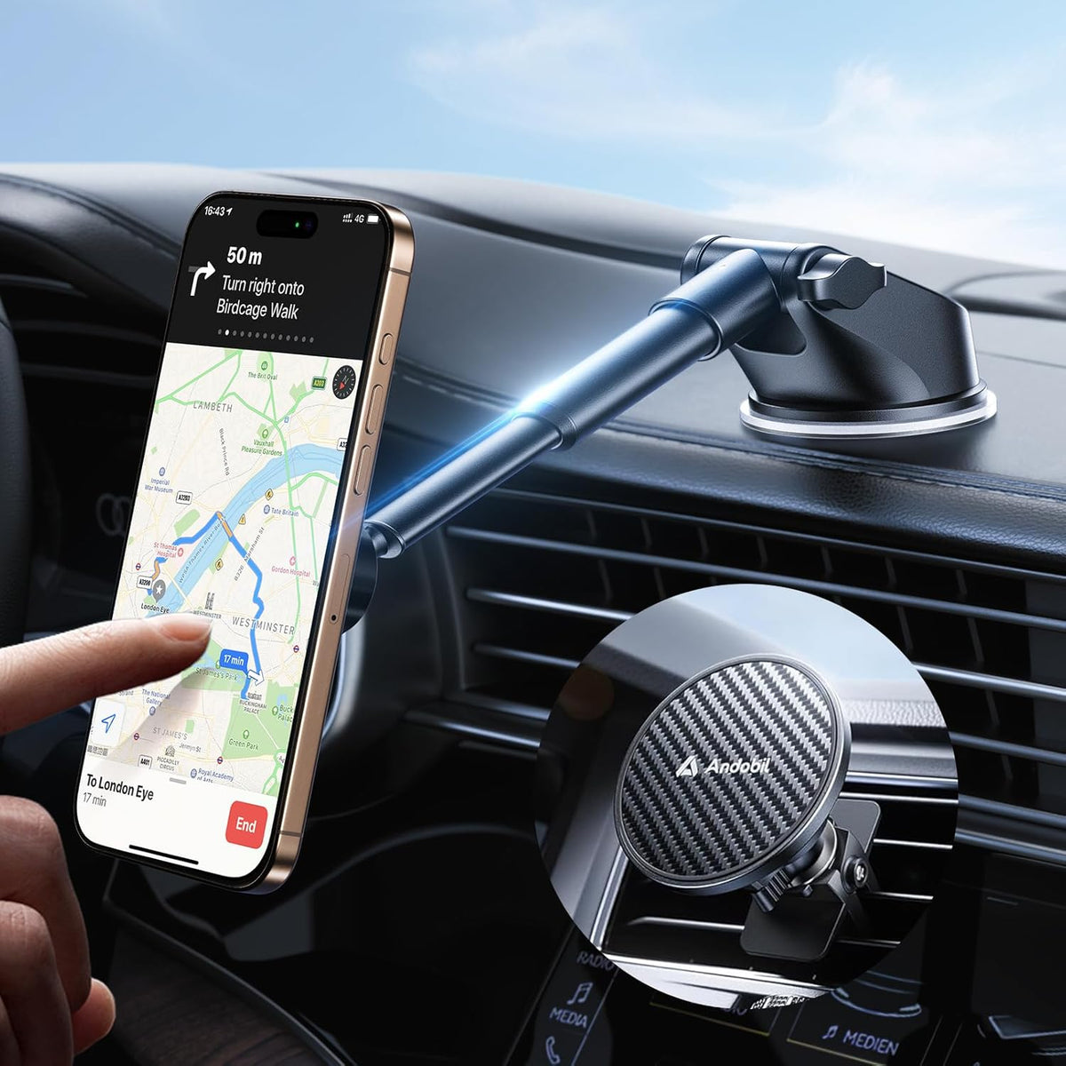 【True Military-Grade】andobil 3 in1 Magnetic Phone Holder for Car Dashboard Windshield Vent 【Upgrade Suction & Strongest Magnet】Retractable for MagSafe Car Mount for iPhone 16 15 14 13 Pro Max Sumsung